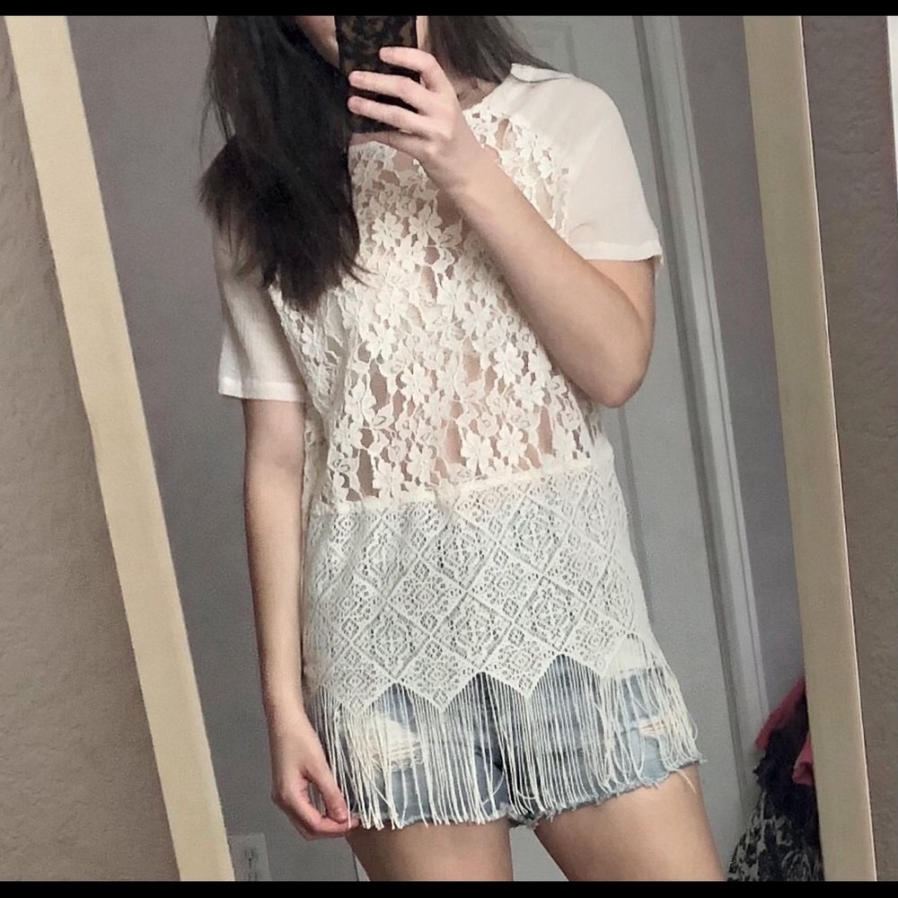Free People ivory windows of lace fringe top sz S